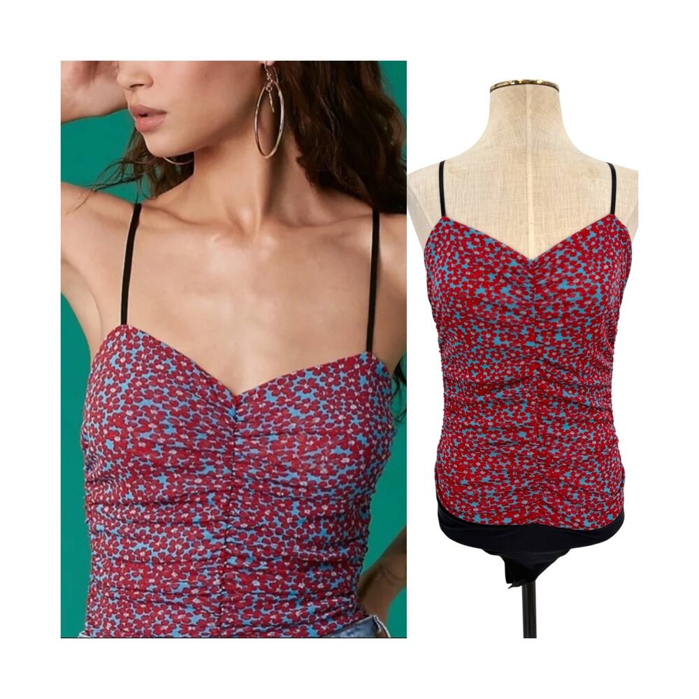 Diane von Furstenberg DVF Ruched Blossom Floral Thong Bodysuit Red Blue Small
